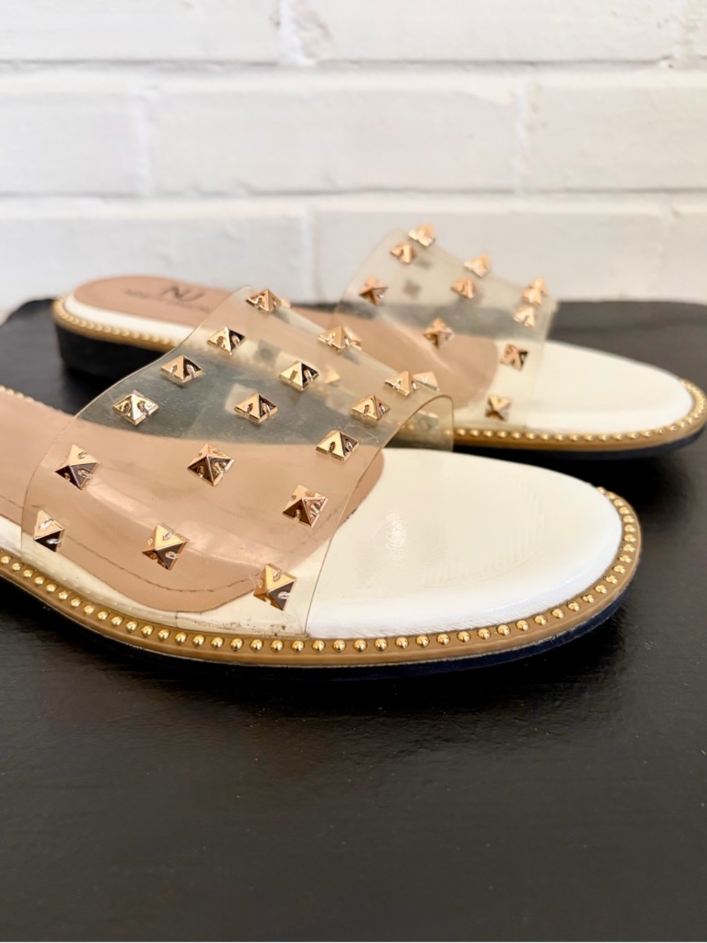 Ninety Union Studded Slides in White & Black w/ Gold Accents, SZ 11 EUC - Picture 6 of 11